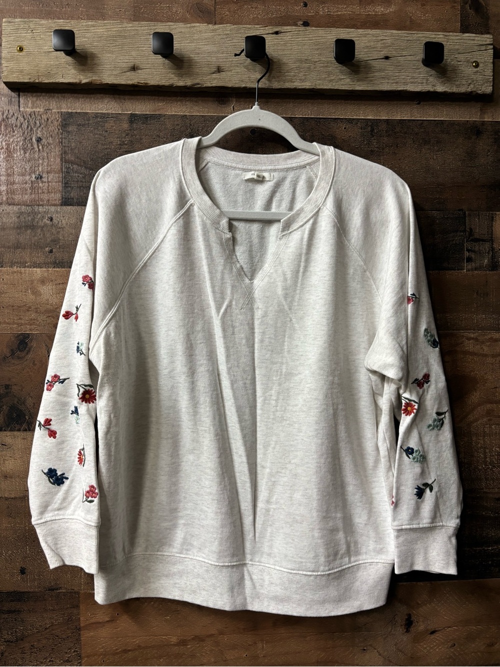 Maurices Cream Pullover Sweatshirt with Floral Embroidered Sleeves